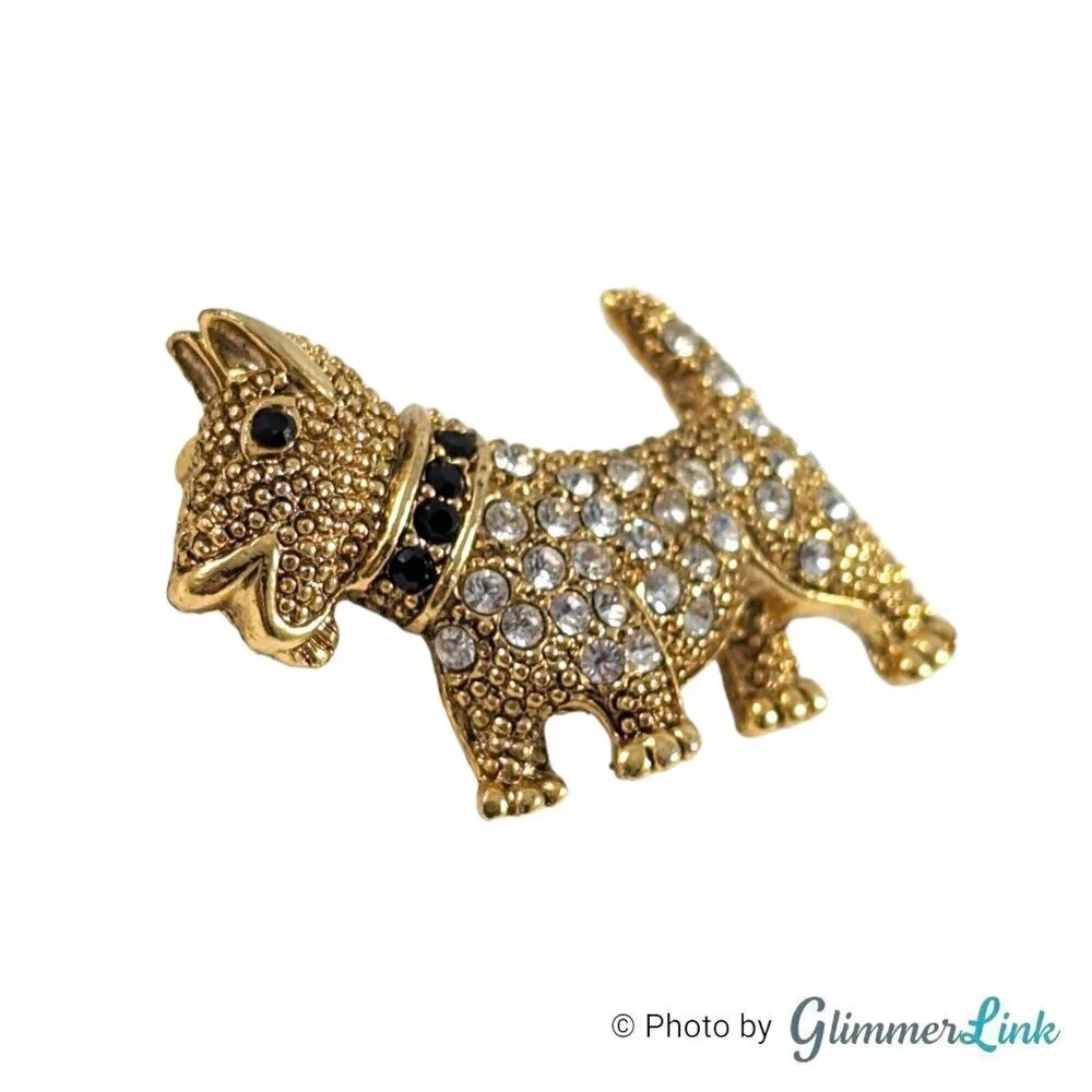 Vintage 1928 Scottish Terrier Clear & Black Pave Rhinestone Gold Tone Brooch Pin